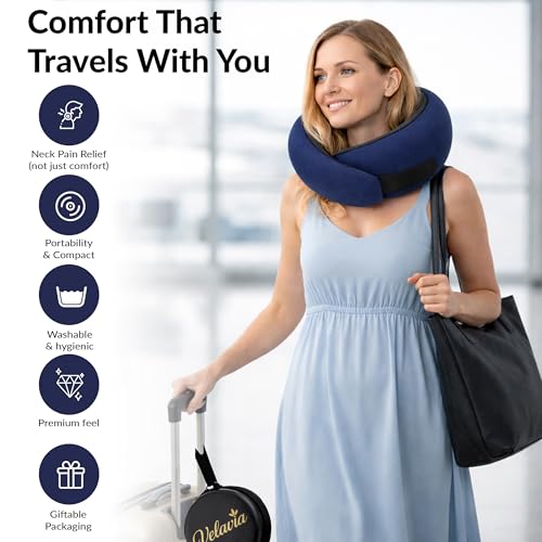 Image of Travel Neck Pillow,Ergonomic 360 Memory Foam Support for Head, Neck. Adjustable for Long Flights. Soft &Washable Cover, EVA Box, 3D Eye Mask, Earplugs, Hair Tie & Luxury Bag (Dark Blue)