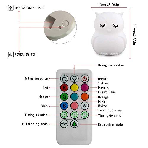 Image of Owl Night Light for Kids, Rechargeable LED Bedside Lamp for Children, 9 Changing Color Silicone Nursery Lamp for Breastfeeding, Eyes Caring, Tap Adjustable Brightness & Colors
