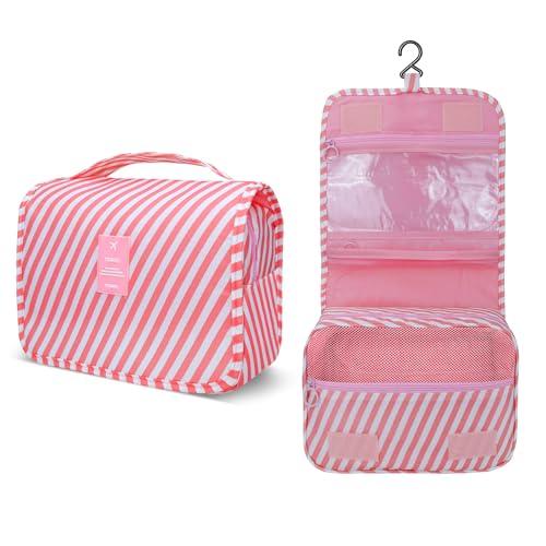Image of Lcsmaokin Large Capacity Toiletry Bag Travel Bag with Hanging Hook for Men and Women Waterproof Travel Cosmetic Bag Bathroom Storage Bag for Brushes Set, Full-Sized Shampoo,Accessories(Pink Stripe)