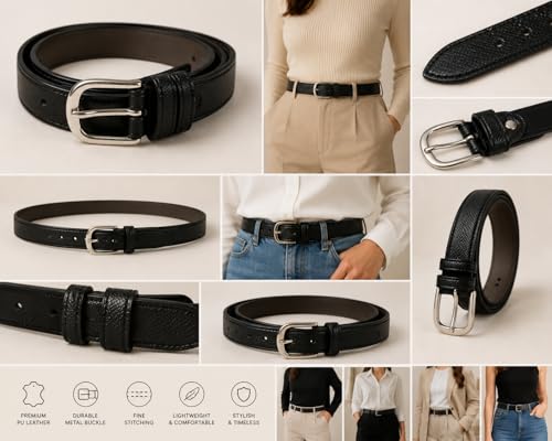 Image of Trendy Girl's Women's PU Leather Belt Women's,Ladies's,Girl's Belt For Jeans,Belt for Dresses Casual /Formal Belts Free Size Fit on Upto 36inch, Black Color