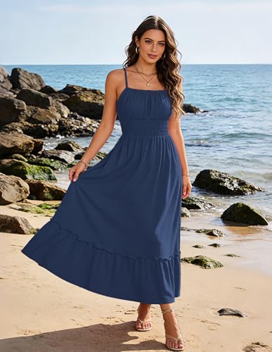 Image of GRACE KARIN Women's Summer Maxi Dress 2026,Smocked Ruched Bust Sundress with Adjustable Straps & Pockets-Beach Vacation Dress