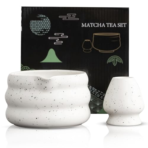 GOEDCH Juego de té matcha de piedra arenisca blanca: cuencos de matcha hechos a mano, cuenco de matcha con caño, batidor de matcha, juego de té premium para ceremonia de té japonesa, juego de té