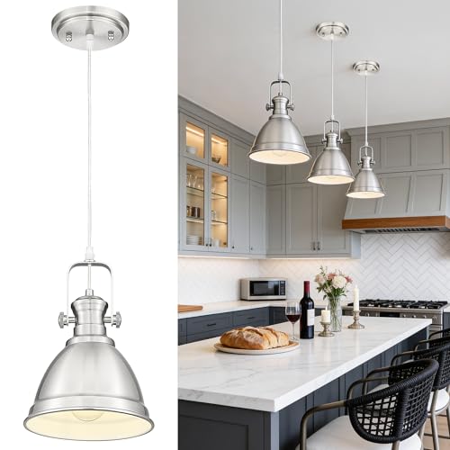 Image of Pendant Lights Kitchen Island, 8 inch Farmhouse Hanging Lights Fixtures with Metal Shade, Rustic Kitchen Pendant Lighting Over Island for Dining Room, Brushed Nickel, AD-2151-1PM-SN