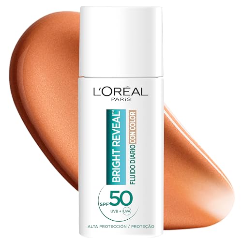 L'Oréal Paris Bright Reveal Fluido Hidratante Anti-manchas con Filtro UV SPF 50+, Para Todo Tipo de Piel, Protección y Reducción de Manchas, Con Niacinamida y Vitamina E, Tono Medio, 50 ml