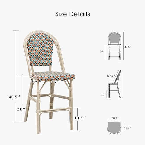 Image of PURPLE LEAF French Counter Height Bar Stool Set of 2 25 inch White Print Finish Patio Bar Chairs with Back Rattan Bar Chairs French Bistro Set for Kitchen Outdoor Counter Stool Colorful