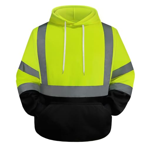 TCCFCCT Hi Vis Work Hoodies for Men Women Class 3 Safety Jacket Reflective, High Visibility Hoodie for Men Construction, Surveyors, Durable & Dirt-resistant with Black Bottom, WT-Yellow 2XL