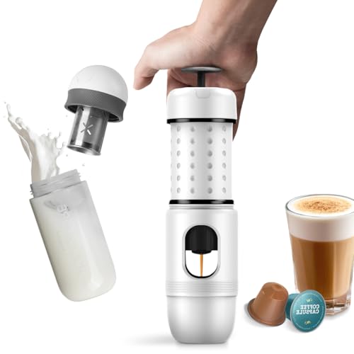 Image of STARESSO MINI Travel Coffee Maker & Manual Milk Frother, 2IN1 Portable Espresso Maker, Manual Espresso Machine Compatible with NS Capsules and Ground Coffee (White)