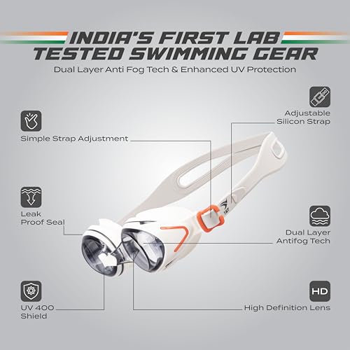 Image of AquaElite High Clarity Swimming Goggles for Men & Women| Lab tested by Experts | Dual Anti Fog Tech with UV Protection 400 | Polycarbonate Lens with Easy adjustment strap - White & Grey