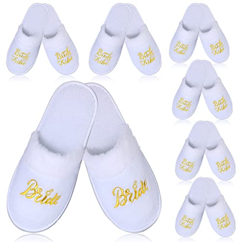 7 Pair Bride Slippers - Bridesmaid & Wedding Day Fuzzy Bridal Shower Gift (White, Bride Tribe)