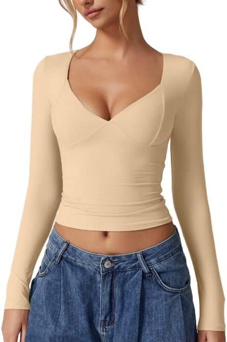 QINSEN Women's Long Sleeve V Neck T Shirts Double Lined Crop Top Seamed Cup Going Out Tops