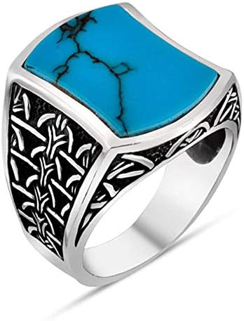 Turquoise Stone "IYI" Motif Sterling Silver Men's Ring, Turkuaz, 30