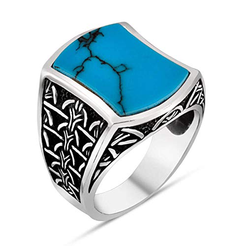 Turquoise Stone "IYI" Motif Sterling Silver Men's Ring, Turkuaz, 30