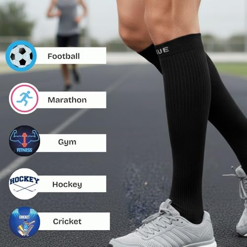 Image of KUE Knee Compression Socks for Men & Women - 18-21 mmHg Support for Pain Relief, Circulation, Blood Recovery - Sports, Running, Football, Cycling - Knee-High, Moisture-Wicking.