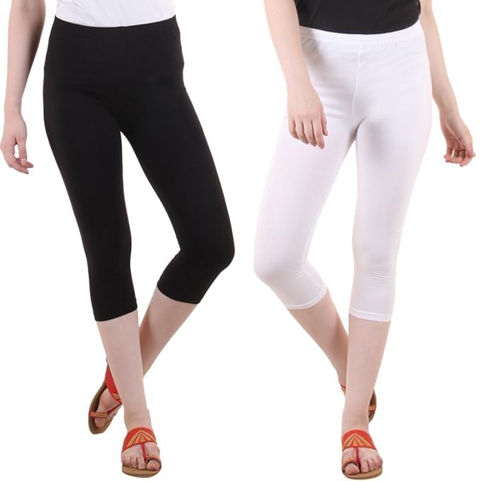Image of DIAZ Women Cotton Stretchable Capri | Slim /Regular Fit | Breathable Yoga, Gym & Lounge Wear | Mid-Waist Stretchable 3 /4 Length Leggings with Wide Waistband - Pack of 1