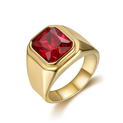 BOBIJOO Jewelry - Bague Chevalière Homme Cabochon Carré Acier INOX Doré Or Fin Plaqué Faux Rubis - 58 (8 US), Doré Or Fin - Acier Inoxydable 316