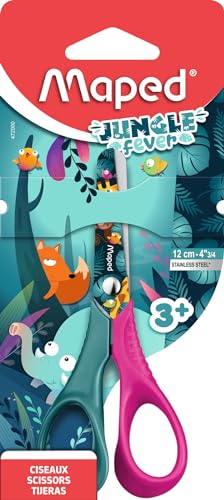 Maped – Children's Scissors – Jungle Fever Scissors – Round Tip Scissors – 12 cm Stainless Steel Blades – Ergonomic 3D Rings, Green, 472000