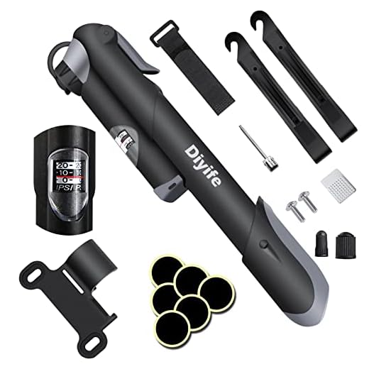 Mini Bike Pump, [120 PSI][Perfect Full Set] Diyife Bike Tire Pump, High Pressure Bicycle Pump with Gauge, Glueless Patch Kit,Portable Frame Pump for Presta & Schrader Fits Road, Mountain & BMX