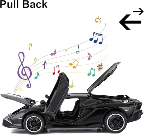 Image of 1:32 Scale Lamborghini Sian Toy Car | Metal Pullback Diecast Car for Kids with Openable Doors, Sound, Light Effects Toy for Car Enthusiasts (Black)