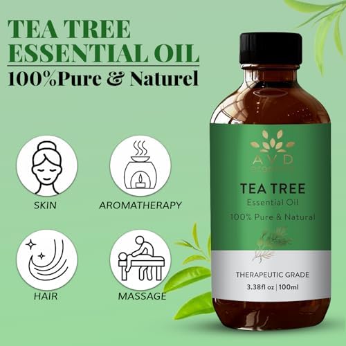 AVD Organics Tea Tree Oil | 100% Pure and Natural Tea Tree Essential Oil for skin | for Nail Fungus Face Aromatherapy Home Diffusers Carrier | 3.38 fl. Oz - 1