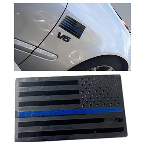 Image of 2 PCS Flag Badges 3D Embossed Stars Zinc Alloy Chrome Regular Orientation and Reverse Orientation,Patriotic Flag,for All Car, Truck or SUV (Black with Blue Line)