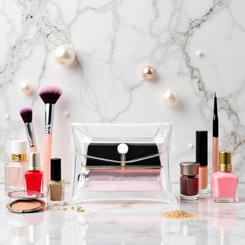 2Pcs Transparent Mini PVC Makeup Bag Small Clear Plastic Cosmetic Organizer Bag Pouch with Snap Closure Cosmetic Bags Tools and Accessories for Vacation Travel, Bathroom Organizing Bags and Cases2