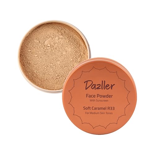 DAZLLER Loose Compact Powder, For Setting Makeup, Featherlight Sheer Finish For All Skin Type, Brown, Oil-Control, Added Sunscreen, 30G-Soft Caramel R33