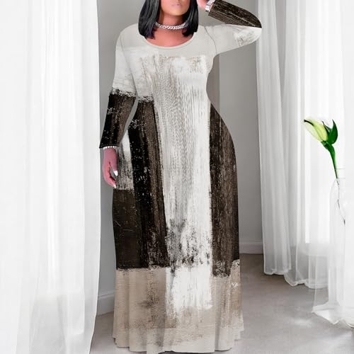 Image of PinkPatty Plus Size Maxi Dress for Curvy Women Crew Neck Long Sleeves Casual Dress Vacation Sundresses with Pockets