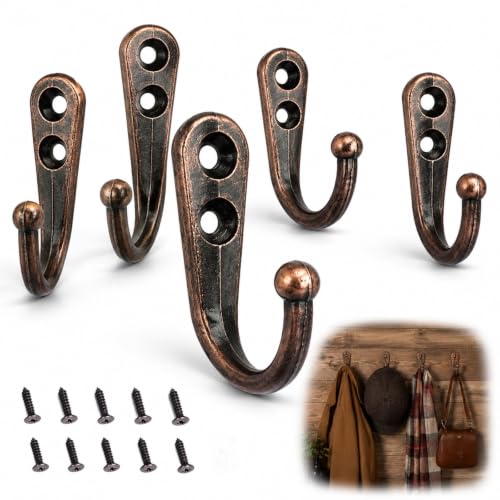 Image of PAXQNVTR 5 Pack Wall Mounted Coat Hooks, Vintage Zinc Alloy Single Hooks with 10 Screws, Heavy Duty Robe Hooks for Coats Towels Bags Hats in Bedroom Bathroom Kitchen (Antique Copper)