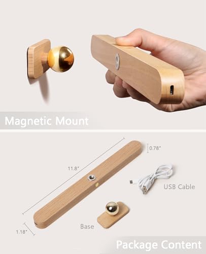 Image of Wall Lights for Bedroom Battery Operated Wall Sconce Lamp Vanity Light Magnetic Aesthetic Wooden Big Capacity 2000mah Wireless Rechargeable Wall Lights for Living Room,Beech Wood