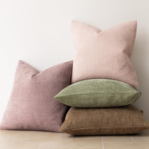 Image of Foindtower Pack of 2 Textured Chenille Throw Decorative Pillow Covers Square Accent Solid Cushion Cover Neutral Farmhouse Modern Pillow Case for Couch Sofa Bedroom Living Room 18x18 Inch,Peach Pink