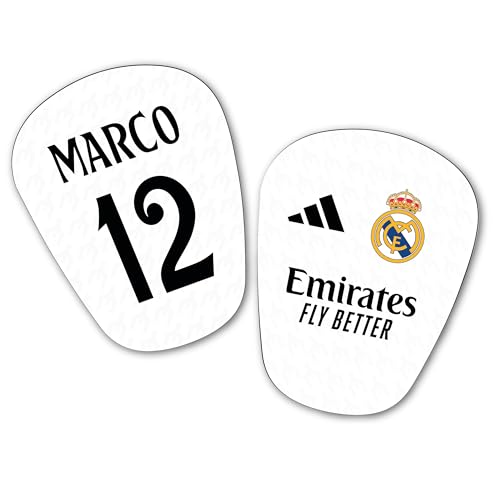 Espinilleras Mini Personalizadas Futbol de tu Equipo Favorito para niños y Adultos con Nombre y Dorsal .Regalos Equipos de Futbol (Madrid)