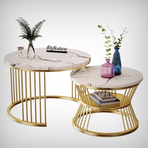 Image of RIZIK STORE Iron Frame Handmade 20.5 inch x 20.5 inch Round Coffee Table /Nesting Table /Side Table /Center Table with Engineered Wood Top for Living Room /Drawing Room /Balcony (White)