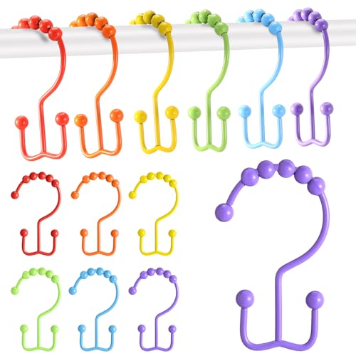 Wenqik 12 Pcs Colorful Shower Curtain Hooks Bohemian Rainbow Color 304 Stainless Steel Rings Rust Proof Balanced Double Glide Shower Hooks for Curtain Bathroom(Rainbow Color)