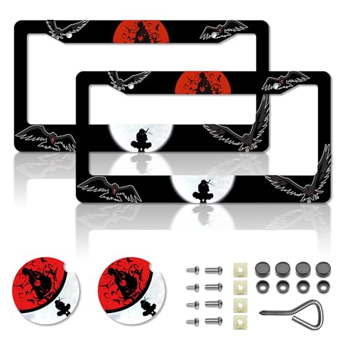 Anime License Plate FramesAnime Car Accessories for Women & MenCute License Plate HolderAluminum License Plate Frame Fits Standard US Vehicles Size 12.2 x 6 Inch (Black-2pcs)