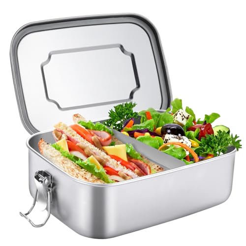 JANUIXCO Brotdose Edelstahl - 1200ml Lunchbox mit 2 F&auml;chern und Dichtring - Auslaufsicher, BPA-frei - Brotdose Metall f&uuml;r Erwachsene & Kinder