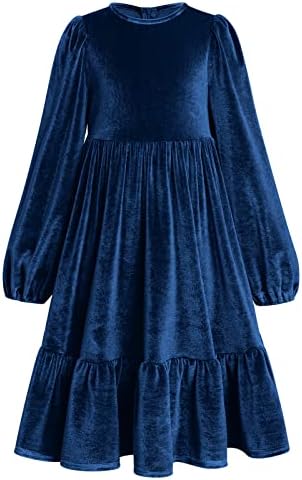 Velvet Dresses for Girls Navy Blue Velvet Fall Winter Casual Dress Kids Vintage Velvet Long Sleeve A-line Midi Dresses Little Girls Princess Party Velvet Ruffle Dress Navy Blue 11-12 Years