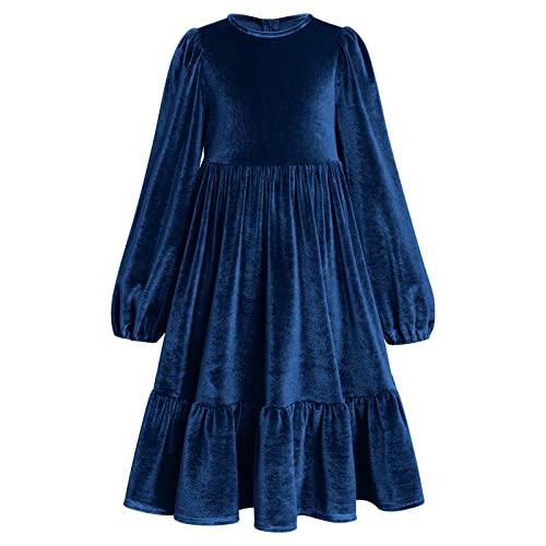 Velvet Dresses For Girls Navy Blue Velvet Fall Winter Casual Dress Kids Vintage Velvet Long Sleeve A-Line Midi Dresses Little Girls Princess Party Velvet Ruffle Dress Navy Blue 11-12 Years #TOP3