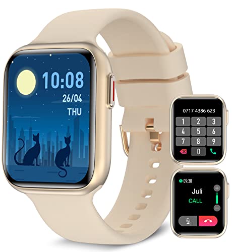 Bebinca Reloj Inteligente Mujer Llamadas y Whatsapp, 1.69”Pantalla HD Asistente de Voz Microfono Frecuencia cardíaca SpO2 IP68 Impermeable Batería Poterosa（Oro Claro）