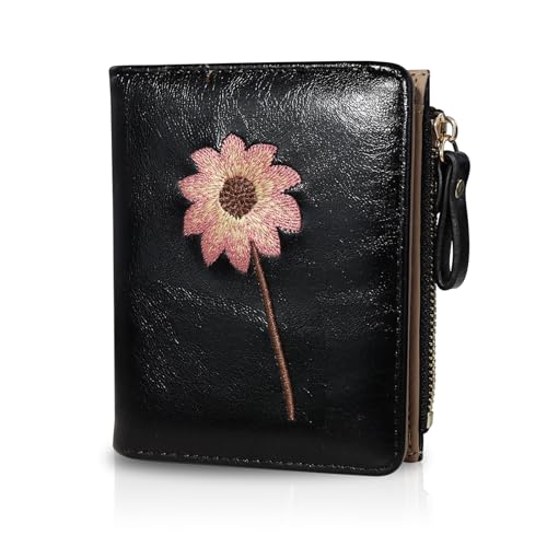 Wallet Women, Leather Bifold Card Holder Wallets for Women with Snap and Zipper, Flower Embroidery Printing Small Wallet with Coin Pocket and 6 Cards Slots (Black)