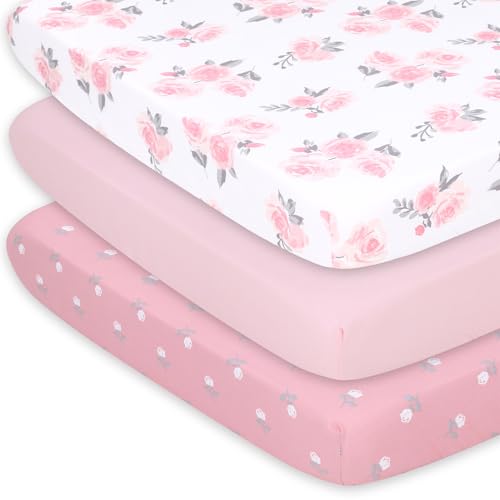 Image of The Peanutshell 3-Pack Fitted Playard Sheets - Soft & Breathable Baby Girl Mini Crib Sheets, Pack N Play Mattress, Fits Standard Playard Pack Play Mattresses - Pink Roses & Ditsy