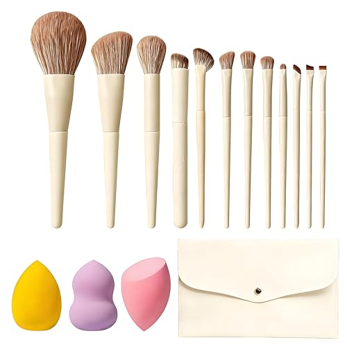 Image of 15 piece professional makeup brush set, including travel bag and 3 makeup eggs, professional wood handle basic brush, concealer cream brush and flawless foundation make-up brush