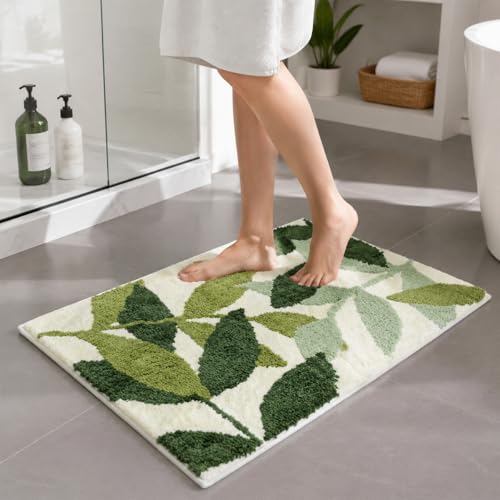 Morbuy Non-Slip Bath Mat 45 x 65 cm Green Leaf Bathroom Floor Mat Super Soft and Water Absorbent Machine Washable Microfiber Bathroom Rug for Shower Bedroom Kitchen Doorway