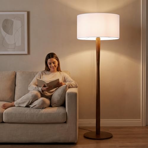 Image of 62 inch Tall Rustic Walnut Wood Floor Lamp with Large Linen Shade, White | Farmhouse Wood Floor Lamp, UL Listed Standing Lamps with Wooden Base for Living Room, Bedroom, Dining Room, Home