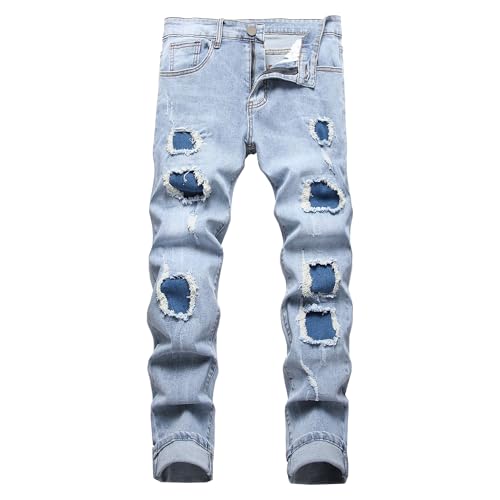 Men's Ripped Slim Fit Leg Jeans Distressed Comfort Flex Waist Denim Pants Destroyed with Holes Jean for Men