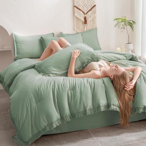 Image of Andency Oversized King Comforter Set Sage Green 120x98-7 Pieces Boho Tassel Bed in a Bag Soft Lightweight Bedding Sets, Fringe All Season Bed Set with Comforter, Sheets, Pillowcases & Shams
