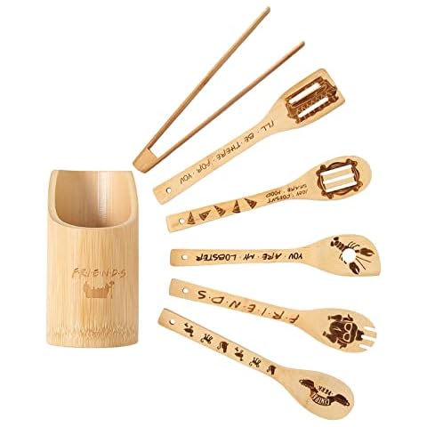 Friends Wooden Spoons for Cooking Utensils with Holder,Friends TV Show Merchandise Set of 7,Friends Themed Engraved Wooden Spatulas for Kitchen Decor,Friends TV Show Gifts,Housewarming Present Cover