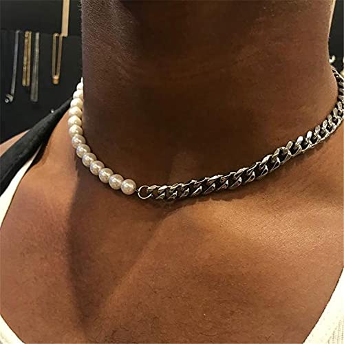 Pearl Necklace Men Half Pearl Half Chain Necklace 18k Gold Stainless Steel Cuban Link Neckalce for Men4
