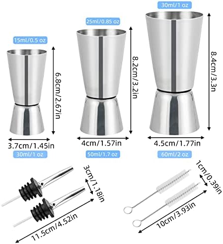 AMANMAN Set of 3 Cocktail Measuring Cup 30/50/60ml Jigger Dual Spirit Measure Stainless Steel Gin Double Measuring Jug with 2 Bottle Pourers Bar Accessories for Home Pub Wine Alcohol Drink Shot Glass