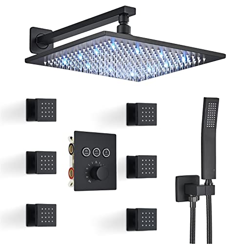 Duschsystem Thermostat Unterputz Duscharmatur Set Schwarz LED JUNSOTTOR 12 Zoll Regendusche Duschset mit Kopfbrause 6 Massage Handbrause Messing für Badewannen… Cover