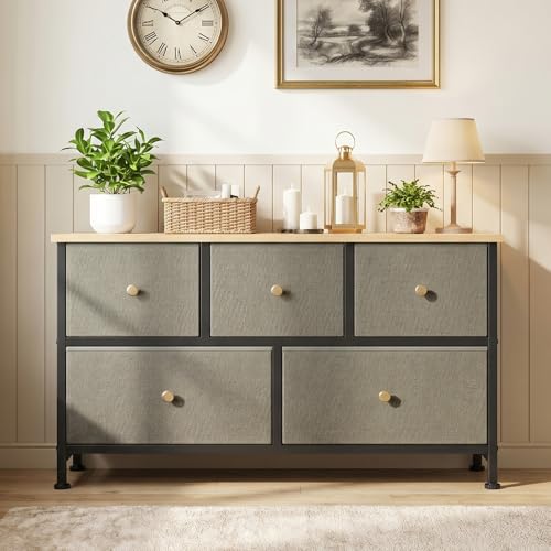 Image of OLIXIS 5 Drawer Dresser for Bedroom, Storage Organizer Unit for Closet | Chest of Drawers for Clothes Storage with Bins, Wide Fabric Bedroom Dresser, Wooden Top, Living Room, Ink Green